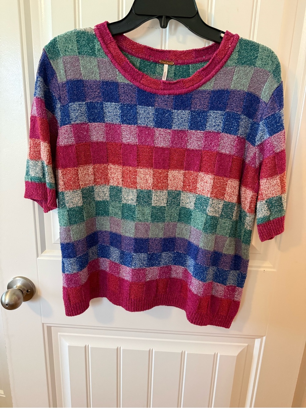 Free People Striped Bouclé Short Sleeve Sweater in Pink, Teal & Purple